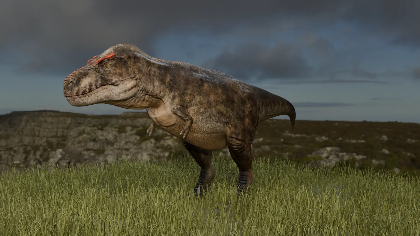 KRON Tyrannosaurus profile render in a grassland environment